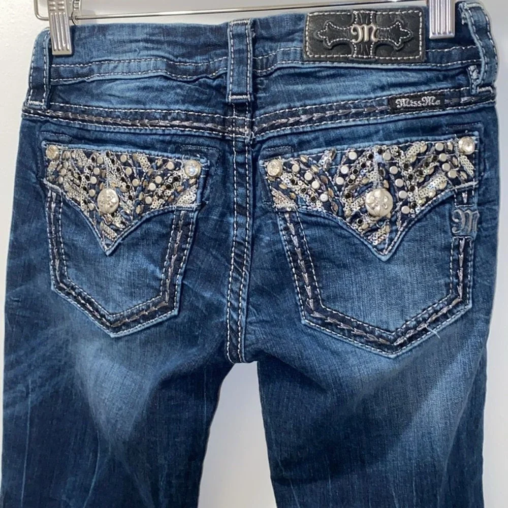 Miss‎ Me Dark Wash Signature Skinny Distressed Shiny Stitched Jeans 25